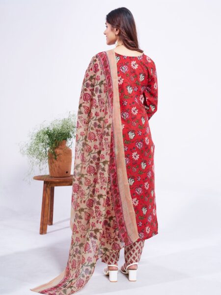 Red Fully Stitched Cotton Kurti Pant Dupatta Design No 2002 - Image 2