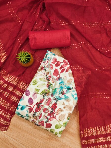 Red Pure Cotton With Hand Work And Banarasi Jacquard Dupatta Dress Material