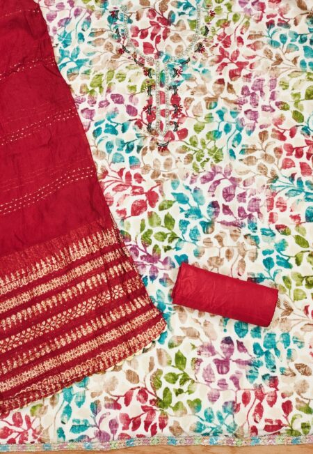 Red Pure Cotton With Hand Work And Banarasi Jacquard Dupatta Dress Material - Image 2