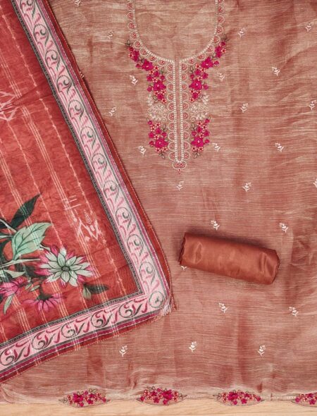 Rust Premium Barbarik With Work And Chanderi Cotton Digital Print Dupatta Dress Material - Image 2