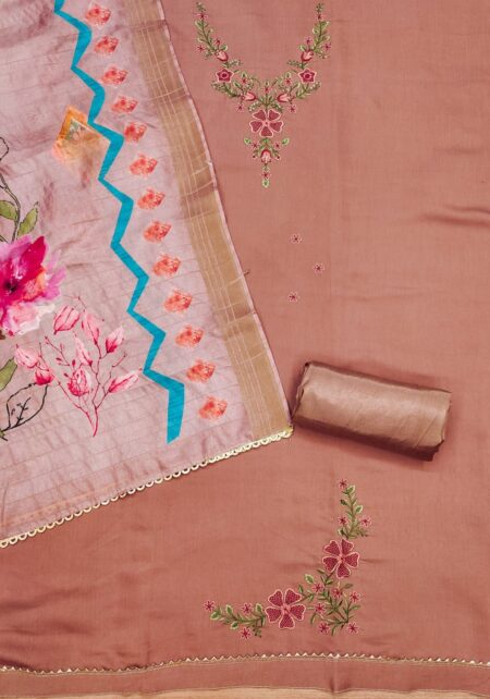 Salmon Premium Roman Silk With Embroidery Work And Banarasi Jacquard Digital Print Dupatta Dress Material - Image 2