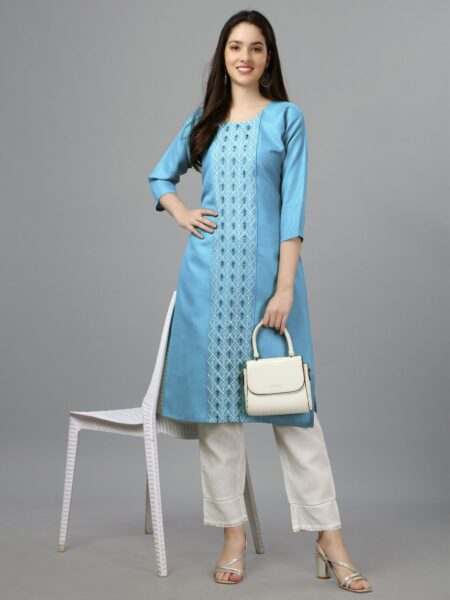 Sky Blue Fully Stitched Casual Embroidery Kurti Design No 1006