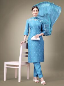 Sky Blue Fully Stitched Cotton Blend Kurti Pant Dupatta Design No 1113