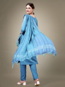Sky Blue Fully Stitched Cotton Blend Kurti Pant Dupatta Design No 1113 - Image 2