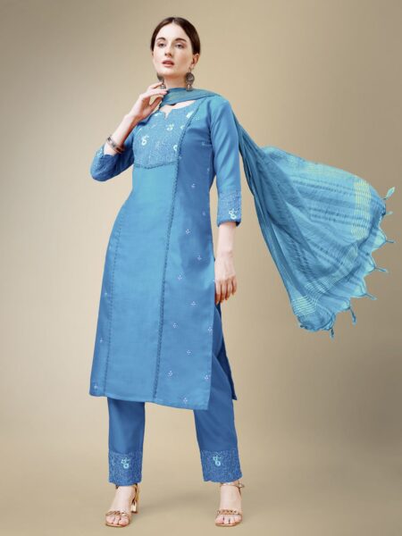 Sky Blue Fully Stitched Cotton Blend Kurti Pant Dupatta Design No 1115