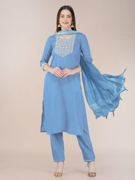 Sky Blue Fully Stitched Cotton Blend Kurti Pant Dupatta Design No 1120