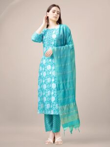 Sky Blue Fully Stitched Rayon Kurti Pant Dupatta Design No 1139