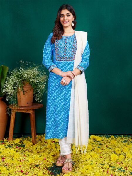 SkyBlue Fully Stitched Rayon Kurti Pant Dupatta Design No 1077