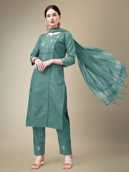 Teal Fully Stitched Cotton Blend Kurti Pant Dupatta Design No 1115