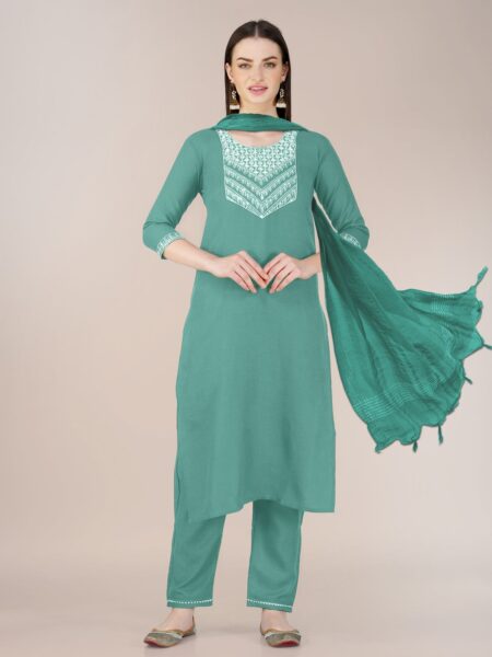 Teal Fully Stitched Cotton Blend Kurti Pant Dupatta Design No 1120