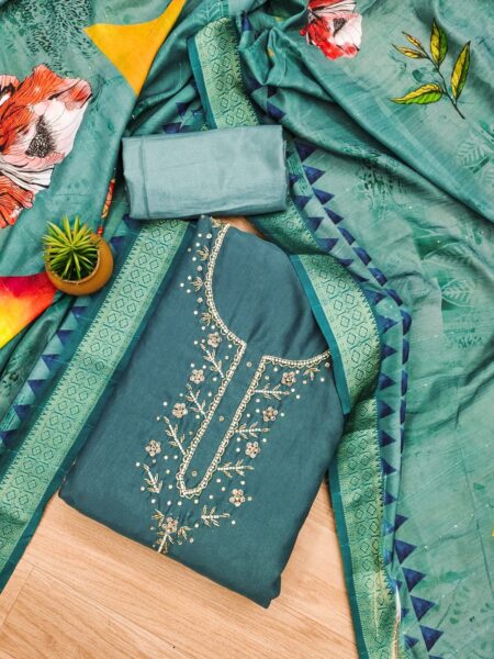 Teal Premium Simer Silk With Hand Work And Banarasi Jacquard Digital Print Dupatta Dress Material