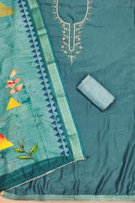 Teal Premium Simer Silk With Hand Work And Banarasi Jacquard Digital Print Dupatta Dress Material - Image 2