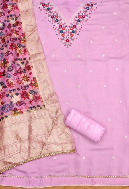 Violet Premium Roman Silk With Work And Organza Banarasi Pallu Digital Print Dupatta Dress Material - Image 2