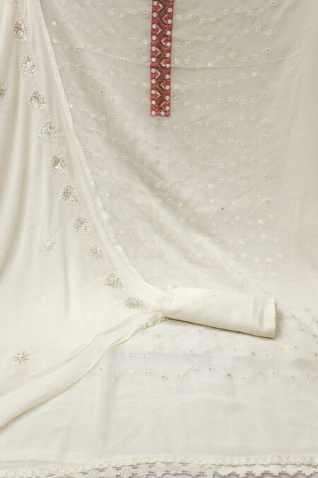 White Fox Georgette With Embroidery Work And Najmeen Dupatta Dress Material - Image 2