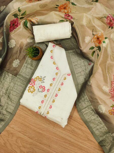 White Premium Roman Silk PV Chanderi With Work And Organza Jacquard Digital Print Dupatta Dress Material