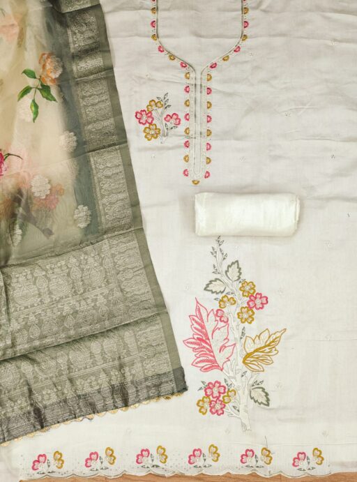 White Premium Roman Silk PV Chanderi With Work And Organza Jacquard Digital Print Dupatta Dress Material - Image 2