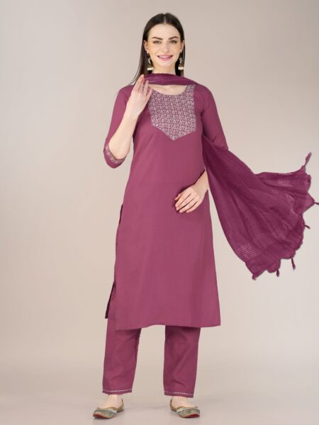 Wine Fully Stitched Cotton Blend Kurti Pant Dupatta Design No 1120