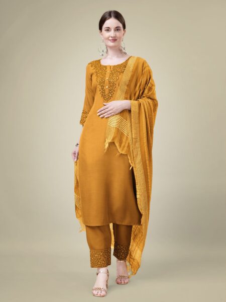 Yellow Fully Stitched Cotton Blend Kurti Pant Dupatta Design No 1111