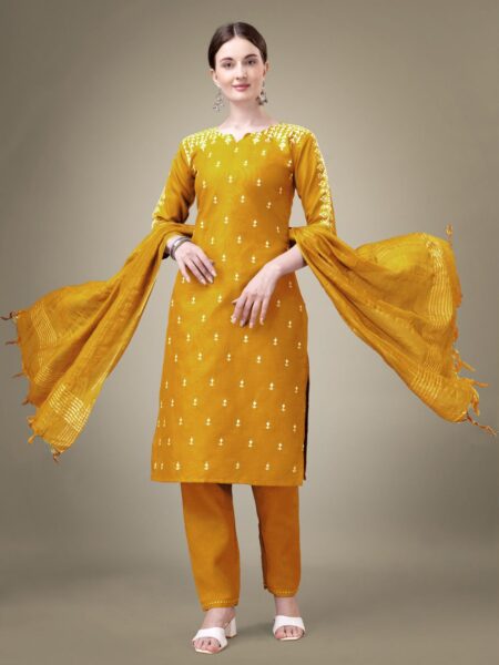 Yellow Fully Stitched Cotton Blend Kurti Pant Dupatta Design No 1113