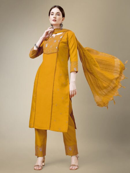 Yellow Fully Stitched Cotton Blend Kurti Pant Dupatta Design No 1115