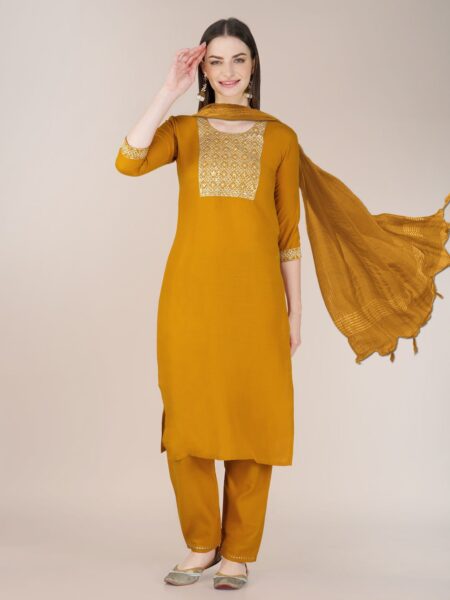 Yellow Fully Stitched Cotton Blend Kurti Pant Dupatta Design No 1120