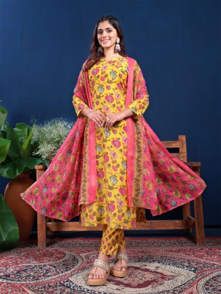 Yellow Fully Stitched Cotton Kurti Pant Dupatta Design No 2006