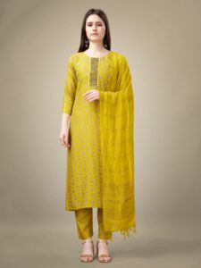 Yellow Fully Stitched Rayon Kurti Pant Dupatta Design No 1131