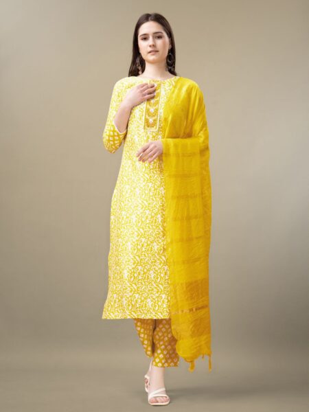 Yellow Fully Stitched Rayon Kurti Pant Dupatta Design No 1133