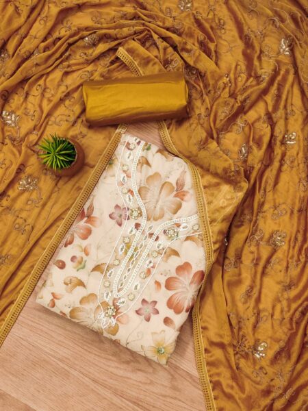 Yellow Premium Tabby Organza With Handwork And Chinnon Heavy Work Dupatta Dress Material