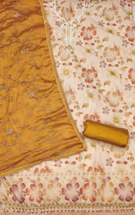 Yellow Premium Tabby Organza With Handwork And Chinnon Heavy Work Dupatta Dress Material - Image 2