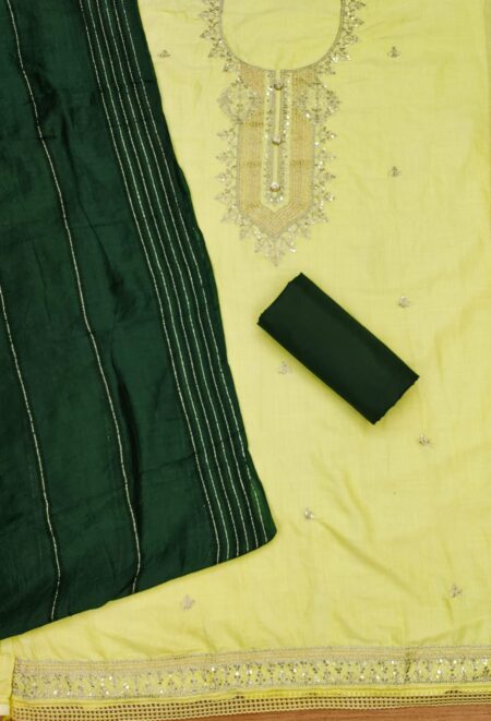 Yellow Rayon Slub 2-Tone With Codding Work And Banarasi Jacquard Dupatta Dress Material - Image 2