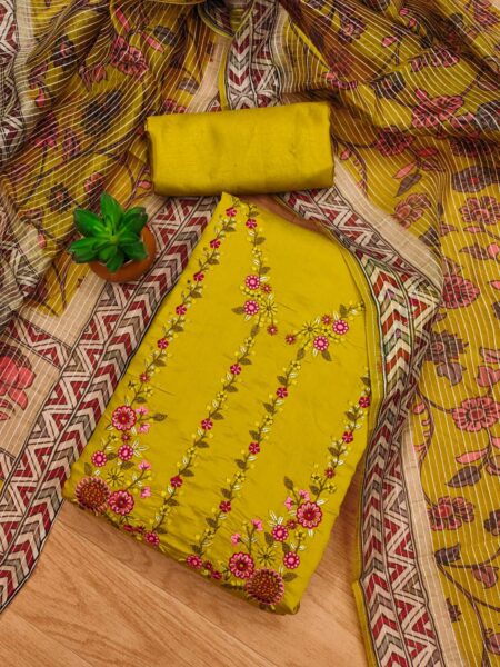 Yellow Roman Silk PV Chanderi With Organza Jacquard Print Dress Material