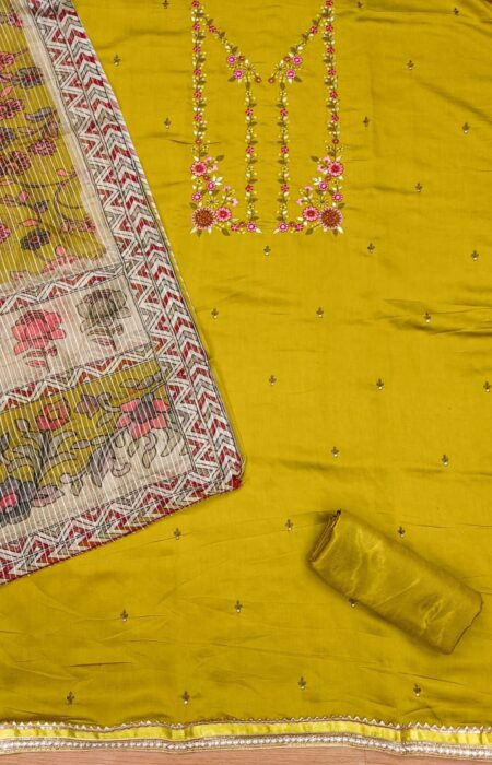 Yellow Roman Silk PV Chanderi With Organza Jacquard Print Dress Material - Image 2