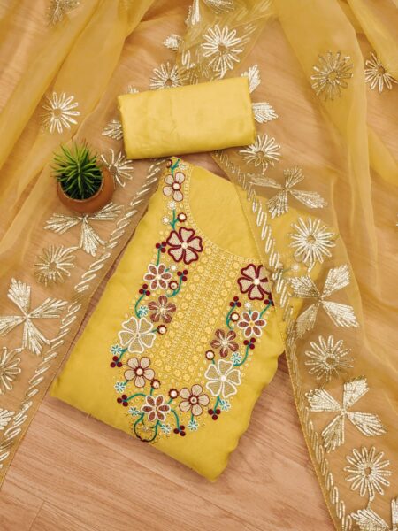 Yellow Soft Organza With Fancy Multi Work And Gota Patti Full Work Dupatta Dress Material