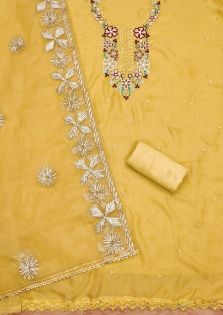 Yellow Soft Organza With Fancy Multi Work And Gota Patti Full Work Dupatta Dress Material - Image 2