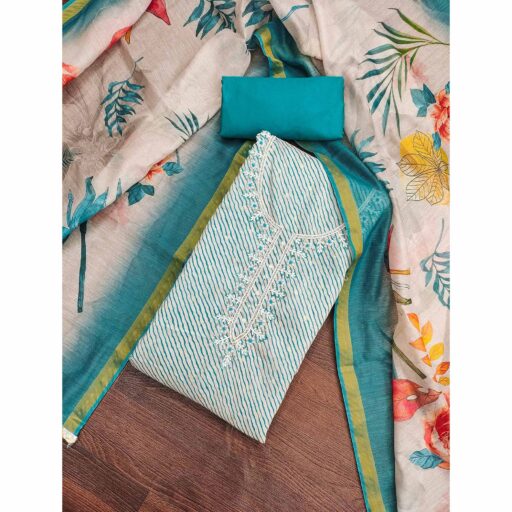Blue Digital Printed With Handwork Modal Chanderi Silk Dress Material - Image 2
