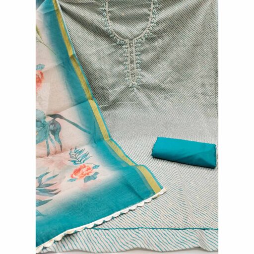 Blue Digital Printed With Handwork Modal Chanderi Silk Dress Material - Image 3