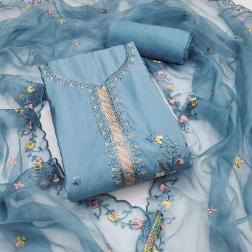 Blue Floral Sequins Embroidered Cotton Silk Dress Material