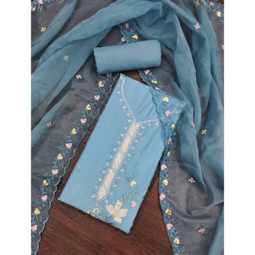Blue Floral Sequins Embroidered Cotton Silk Dress Material - Image 2