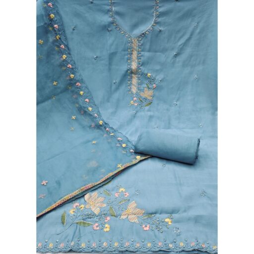Blue Floral Sequins Embroidered Cotton Silk Dress Material - Image 3
