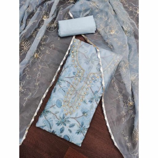 Blue Floral Sequins Embroidery With Handwork Organza Dress Material - Image 2