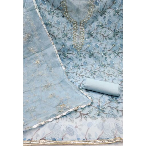 Blue Floral Sequins Embroidery With Handwork Organza Dress Material - Image 3