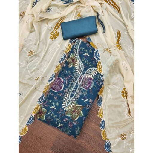 Blue Sequins Embroidery With Handwork Organza Dress Material - Image 2