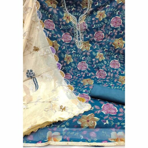 Blue Sequins Embroidery With Handwork Organza Dress Material - Image 3