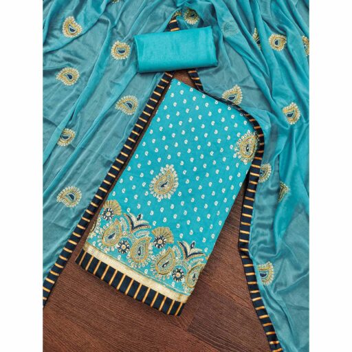 Blue Zari Embroidery With Hand Printed Modal Chanderi Silk Dress Material - Image 2