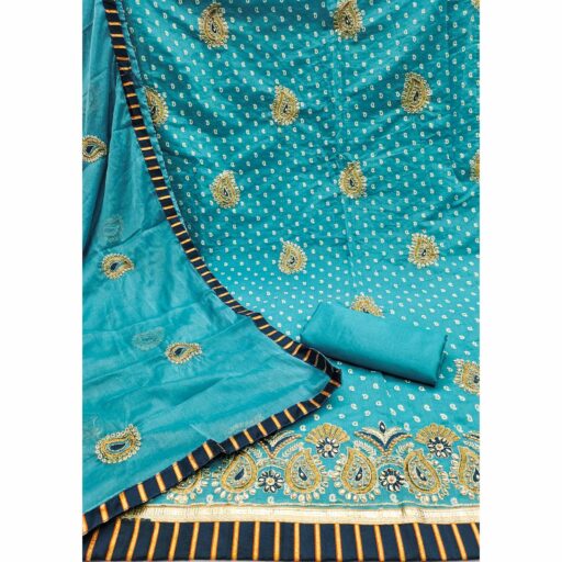 Blue Zari Embroidery With Hand Printed Modal Chanderi Silk Dress Material - Image 3