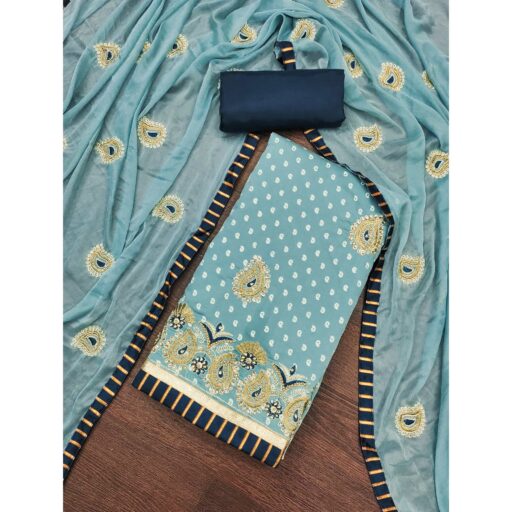 Blue Zari Embroidery With Handwork Roman Cotton Silk Dress Material - Image 2