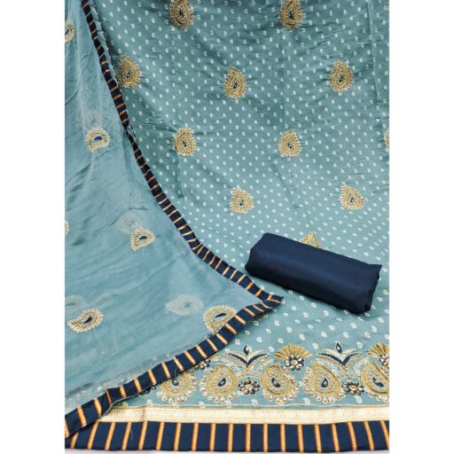 Blue Zari Embroidery With Handwork Roman Cotton Silk Dress Material - Image 3