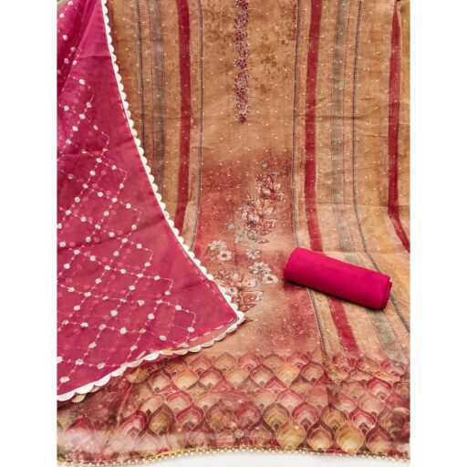 Brown Floral Printed With Handwork Shimmer Viscose Dress Material - Image 3