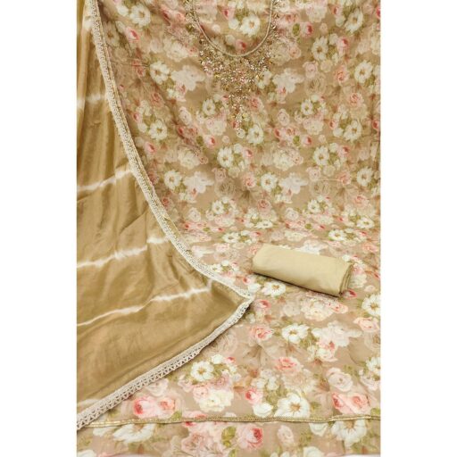 Chikoo Floral Digital Printed With Handwork Muslin Dress Material - Image 3
